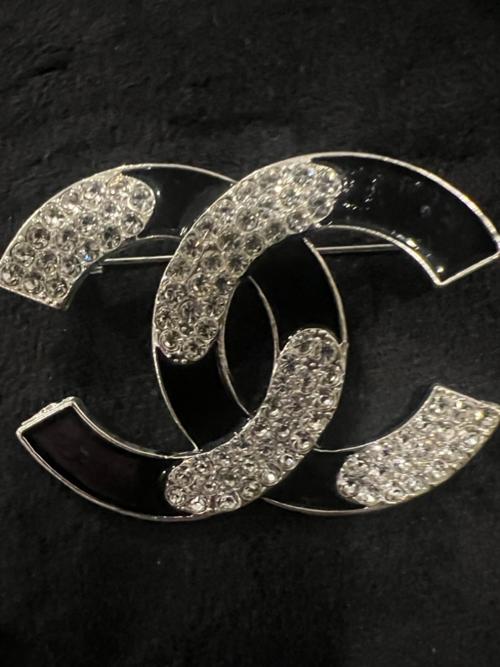 CHANEL Black Enamel and Crystal CC Brooch